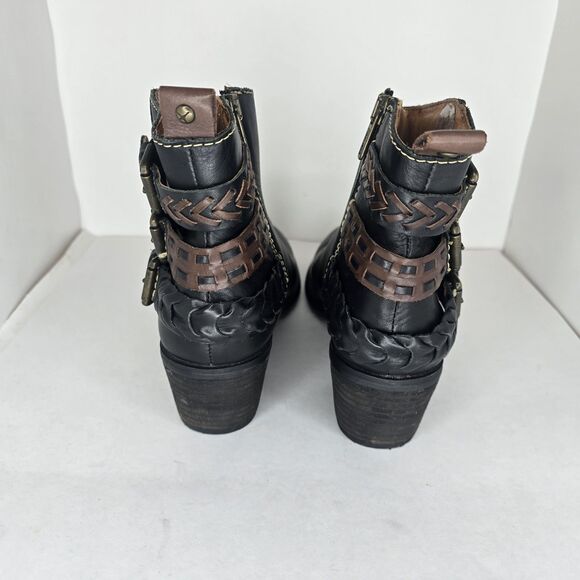 Pikolinos Black Leather Moto Ankle Boots Buckle Strap Whipstitch Block Heel 37 - Picture 6 of 12
